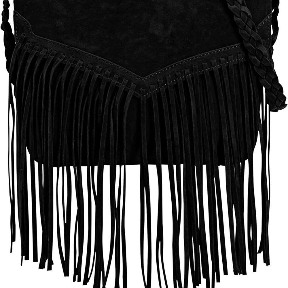 Suede Crossbody Bag Women Girls Tassel Purse Messenger Black